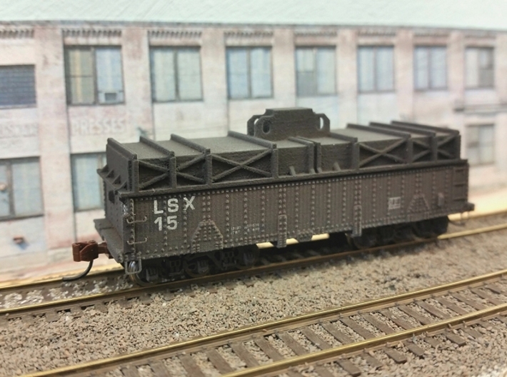 N scale 36' riveted BSX covered coil car 3d printed Finished car lettered for my LundSteel steel company. In addition to trucks and couplers I added BLMA details, freight car ladders, stirrups and grab irons. And a brake wheel if I had had one...