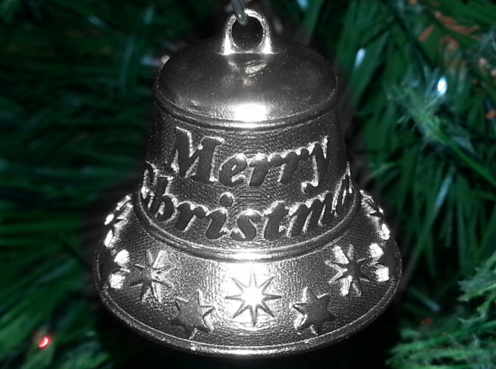 Merry Christmas Bell - Working Ringer Interlocking 3d printed Digitally Altered Photo showing the coloration of Raw Silver.