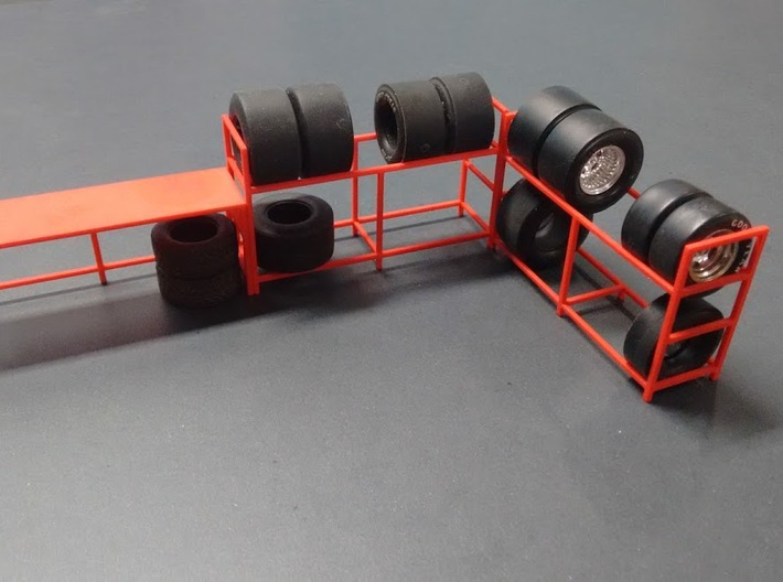Tire Storage Rack 1/24 - 1/25 Scale Diorama 3d printed Example of a combination of 2 tire racks and 1 desk