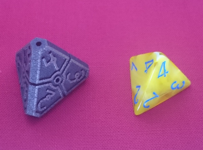 Vertex Dice RPG Set and Singles 3d printed With standard d4 for size comparision. And bit of handpolishing.