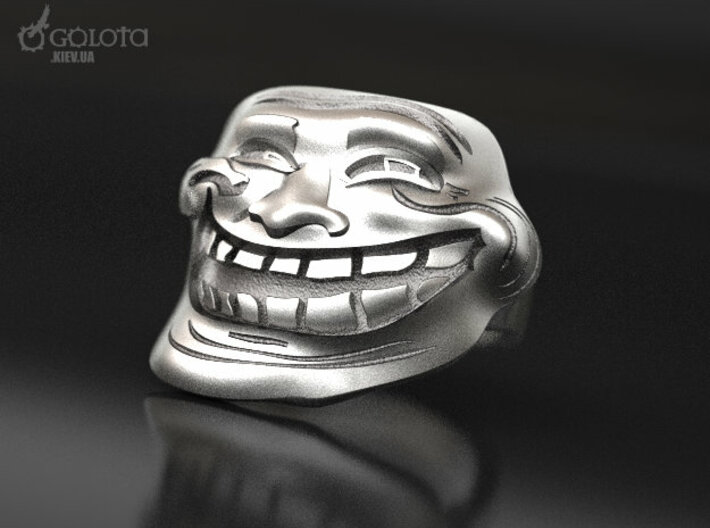 Trollface meme ring 3d printed Aftermarket Patina and lightly polished afterwards