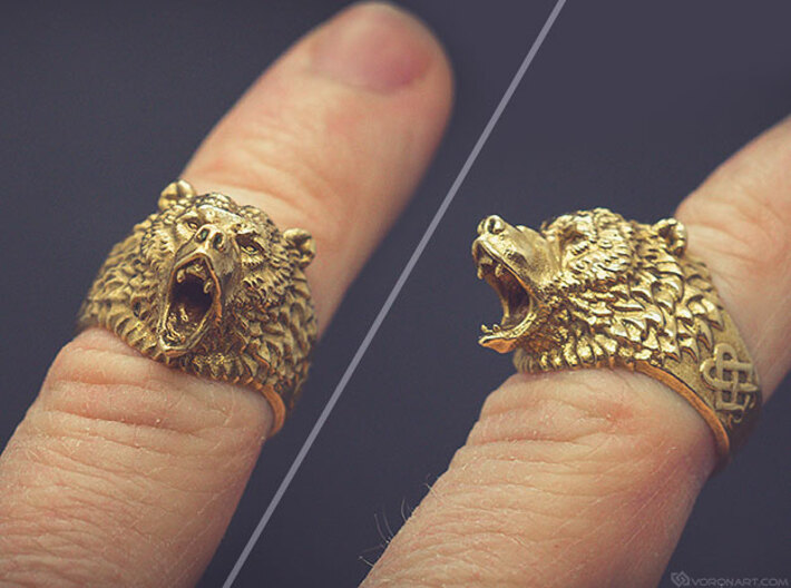 Roaring bear ring 3d printed RAW bronze without blackening