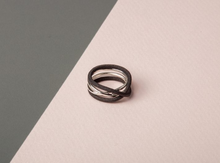 rollercoaster - external ring 3d printed pictured material: matte black steel and polished silver