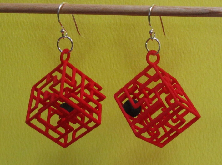 3D Maze Cube Earrings with Rolling Ball 3d printed