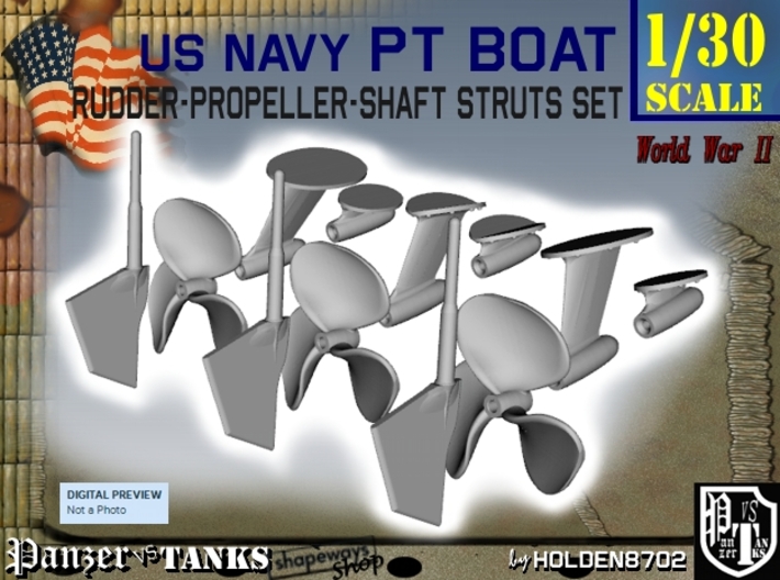 1-30 PT Elco Rudder-Propeller-Shaft Strut Set1 3d printed