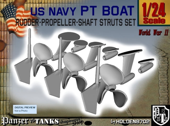 1-24 PT Elco Rudder-Propeller-Shaft Strut Set1 3d printed