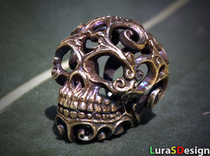 Steampunk Skull filigree 3d printed small 20mm version in Raw Brass - aged