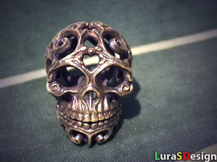 Steampunk Skull filigree 3d printed Raw Brass - aged