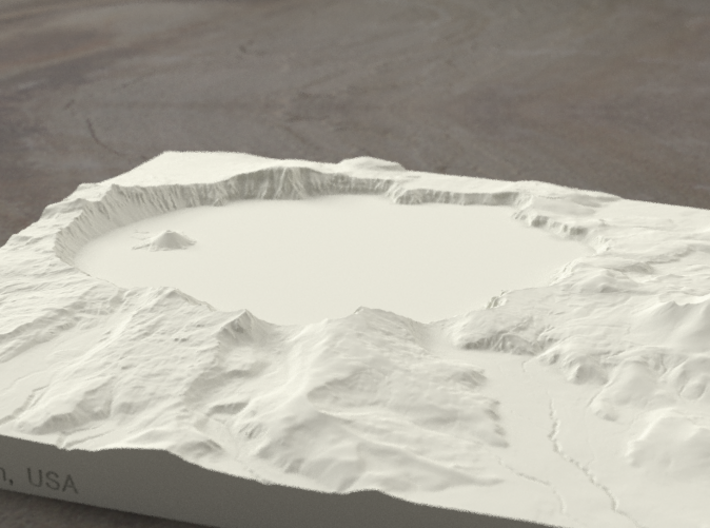 8'' Crater Lake, Oregon, USA, Sandstone 3d printed Radiance rendering of model, viewed from the south.