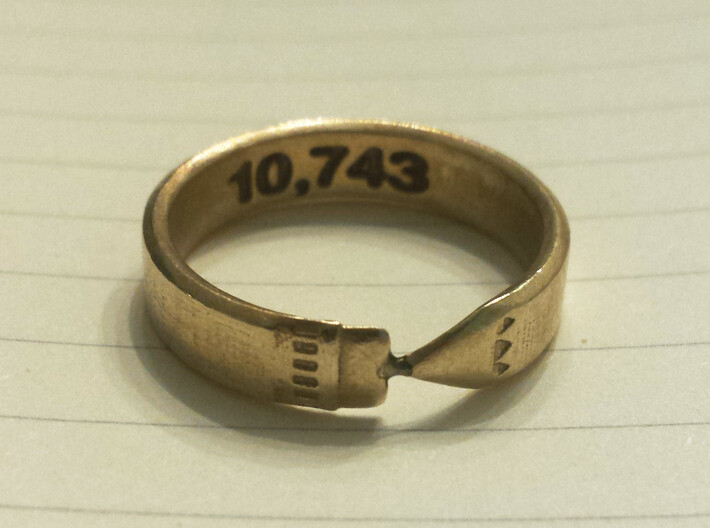 Pencil Ring, Size 8.5 3d printed Raw brass, customized on the inside of the band with a word-count.