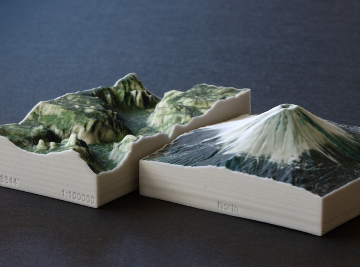 Yosemite Valley, CA, USA, 1:100000 Explorer 3d printed Yosemite model next to Mt Fuji model, both in the same scale