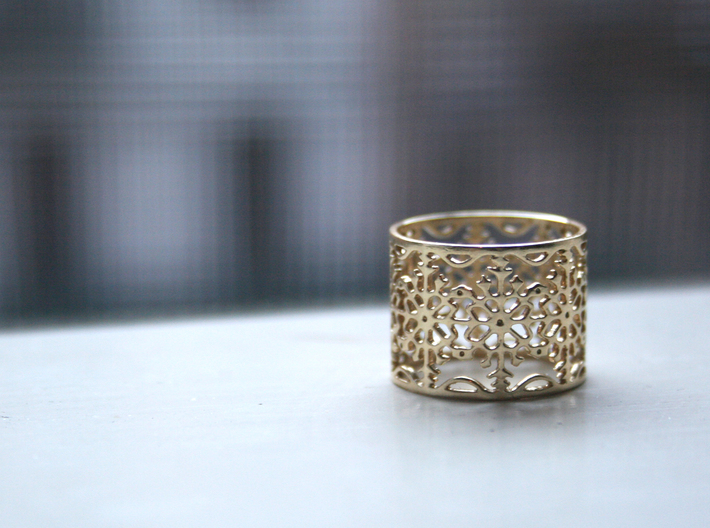 Snow Flake Filigree Ring 3d printed Polished Brass