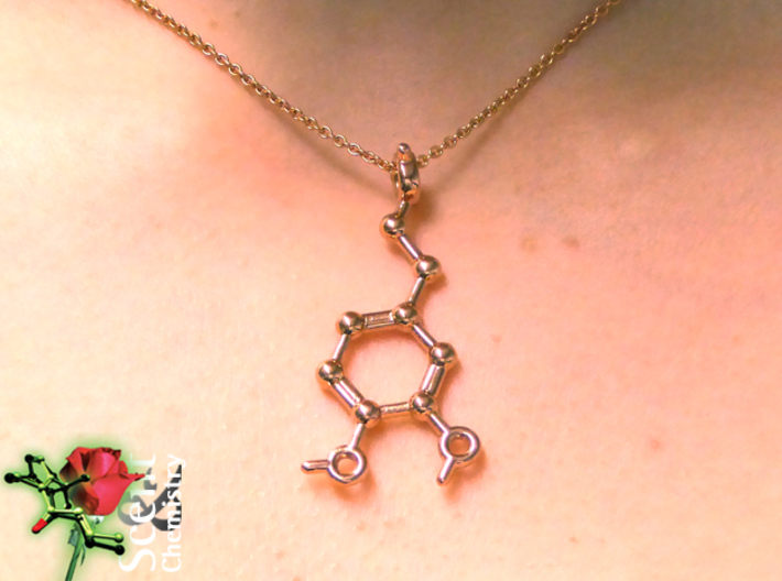 Dopamine 3d printed Magnification of 14k rose-gold plated Dopamine pendant worn on an Oro Vivo 7612690465149 necklace.