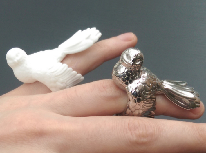 Owl Ring 3d printed White Strong and Flexible and Rhodium Plated