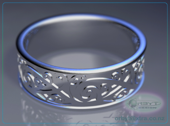 Maori Kowhaiwhai Design Ring - US Size 10 (19.9mm) 3d printed Raytraced DOF render simulating polished silver material