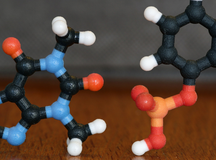 Serotonin Molecule Model. 3 Sizes. 3d printed Coated (left) and non-Coated (right) Full Color Sandstone. Coating gives a much smoother feel.