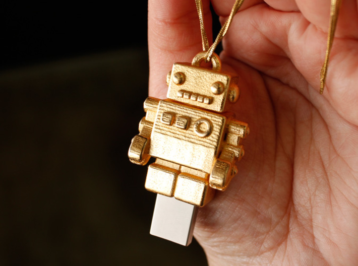 Gold USB Robot Drive, "Bling Bob" 3d printed USB jewel