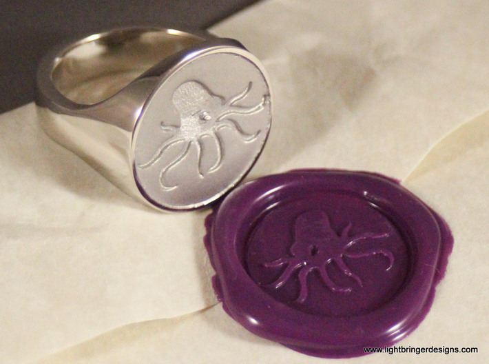 Custom Signet Ring 3d printed Octopus logo signet ring in platinum for The Starr Conspiracy. I've made 15 others in silver for a corporate gift!