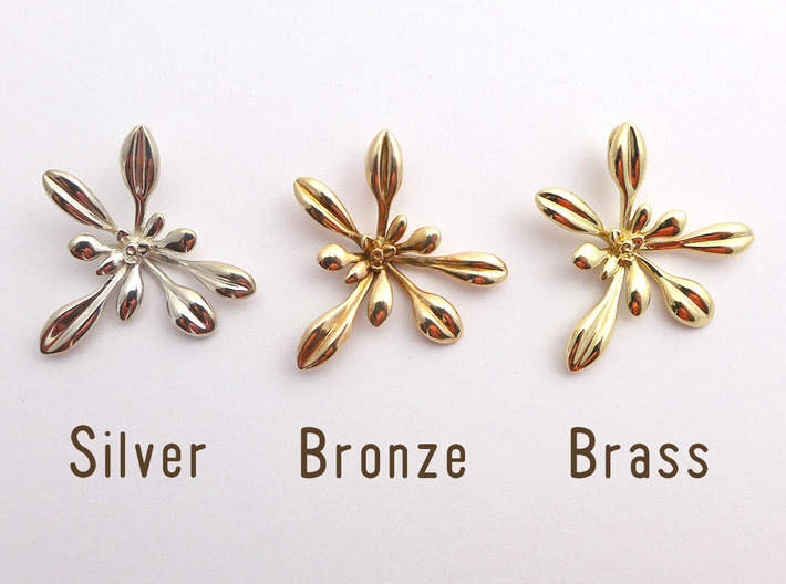Small Arabidopsis Rosette Pendant 3d printed comparison between silver, bronze and brass