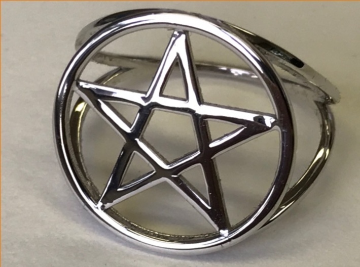 Pentacle ring (customize) 3d printed Pentacle ring, rhodium-plated over polished brass.
