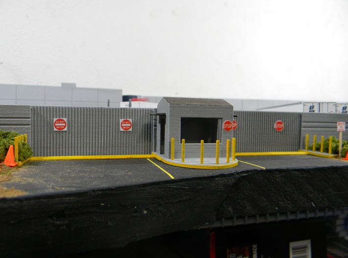 Closed Double Sliding Steel Gate w/Guard Shack 3d printed Painted with the addition of Blair Line Signs