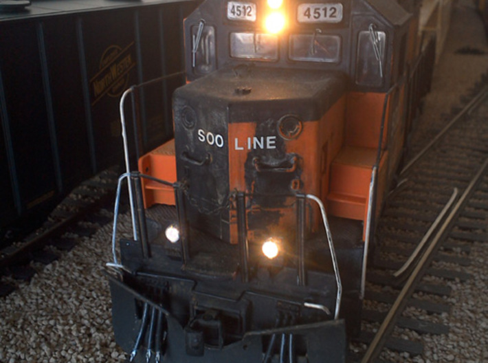 O Scale Ditchlights (Set of 4) 3d printed Installed on a Weaver O scale GP38-2 and illuminated with 0603 surface-mount LEDs