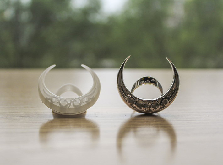 Renaissance Moon Ring 3d printed Early-stage prototype and a finished Sterling Silver ring, side by side