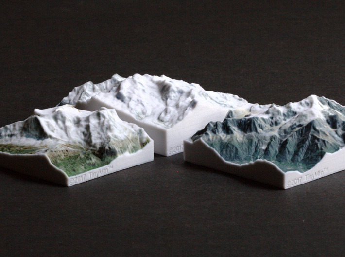 Monte Rosa, Switzerland/Italy, 1:150000 Explorer 3d printed Eiger, Monte Rosa, and Mont Blanc models, all at 1:150000 scale