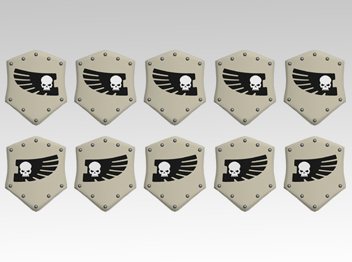 Skull &amp; Feathered Wing Combat Shields x10 3d printed Product is sold unpainted.