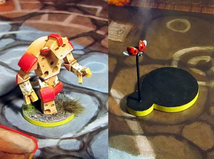 Cheese Golem &amp; Ladybug - Mice &amp; Mystics 3d printed Models hand-painted, after assembly and quick filing. Front and back views (game board with flagstones copyright Plaid Hat Games).