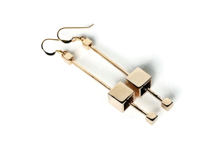 Dangling Cube Earrings - Minimal Geometric Jewelry 3d printed Dangling cube earrings in bronze