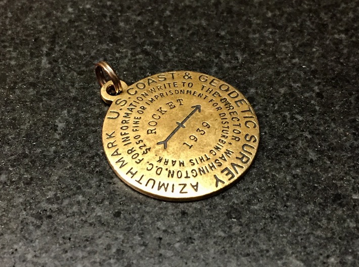 Azimuth Mark Keychain 3d printed Raw bronze with custom image text and added patina. 