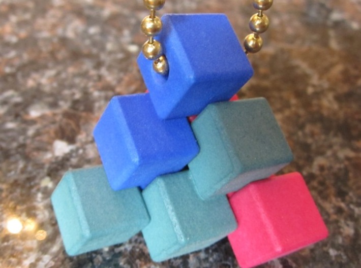 Three Piece Block 3d printed Dyed and hanging on a chain