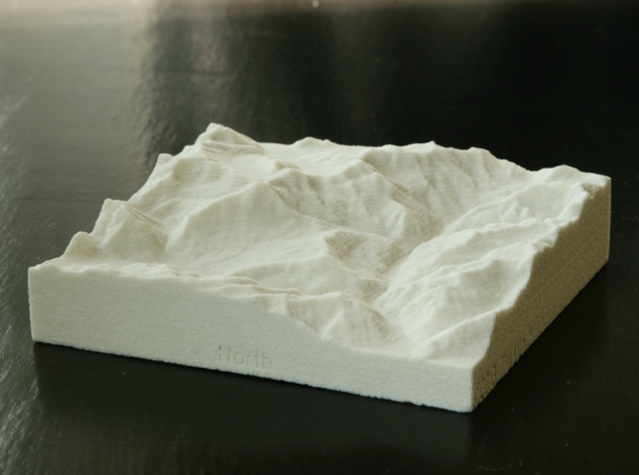 3''/7.5cm Oberland Peaks, Switzerland, Sandstone 3d printed Photo of model, looking South up the valley toward Lauterbrunnen.