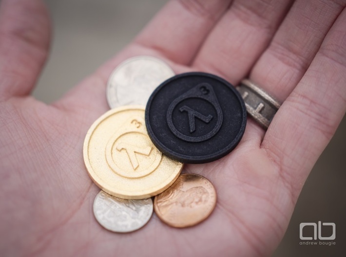 Half-Life 3 Lucky Coin 3d printed Black Strong Flexible and Matte Gold Steel