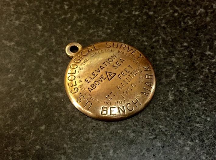 USGS BM Keychain 3d printed Raw bronze with patina added.