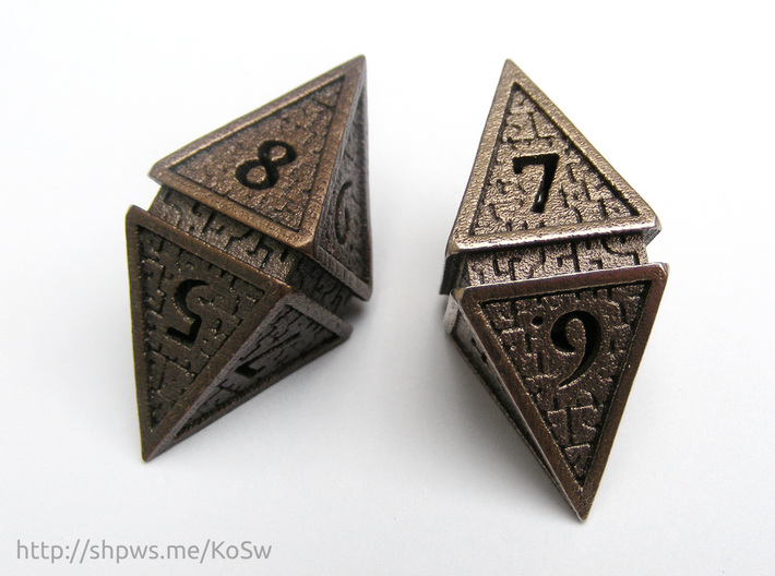 Hedron D8 (Hollow), balanced gaming die 3d printed Matte bronze (left) and stainless steel (right)