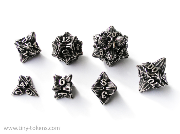 Floral Dice - Gaming Set + 10D10/decader (7 dice) 3d printed Stainless steel  'inked' in black