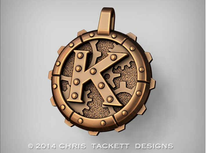 Steampunk Monogram Pendant &quot;K&quot; 3d printed ZBrush Rendering approximating a bronze finish. Actual Bronze finish may look a bit different.