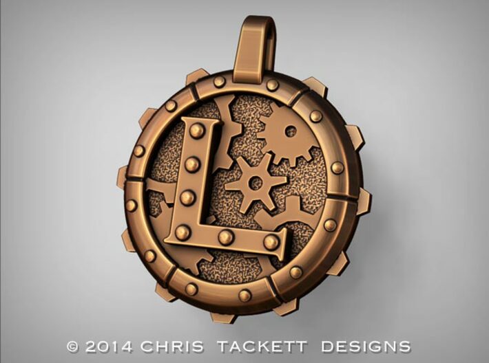 Steampunk Monogram Pendant &quot;L&quot; 3d printed ZBrush Rendering approximating a bronze finish. Actual Bronze finish may look a bit different.