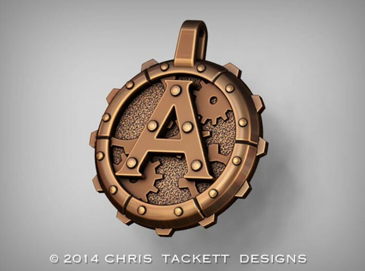 Steampunk Monogram Pendant &quot;A&quot; 3d printed ZBrush Rendering approximating a bronze finish. Actual Bronze finish may look a bit different.