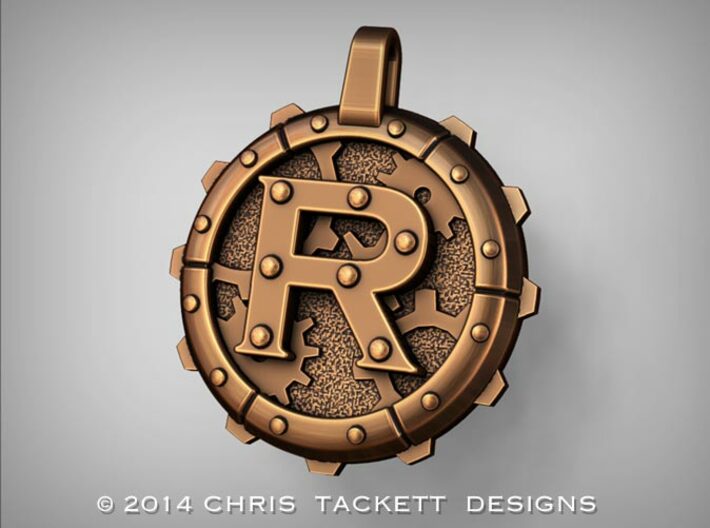 Steampunk Monogram Pendant &quot;R&quot; 3d printed ZBrush Rendering approximating a bronze finish. Actual Bronze finish may look a bit different.