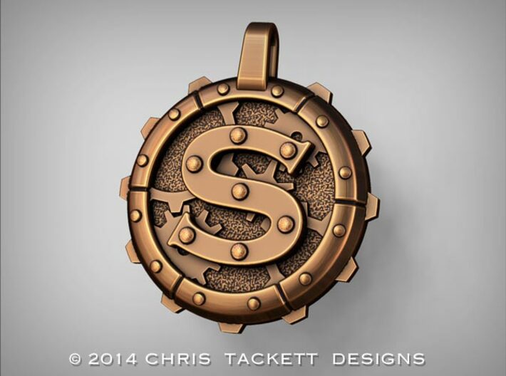 Steampunk Monogram Pendant &quot;S&quot; 3d printed ZBrush Rendering approximating a bronze finish. Actual Bronze finish may look a bit different.