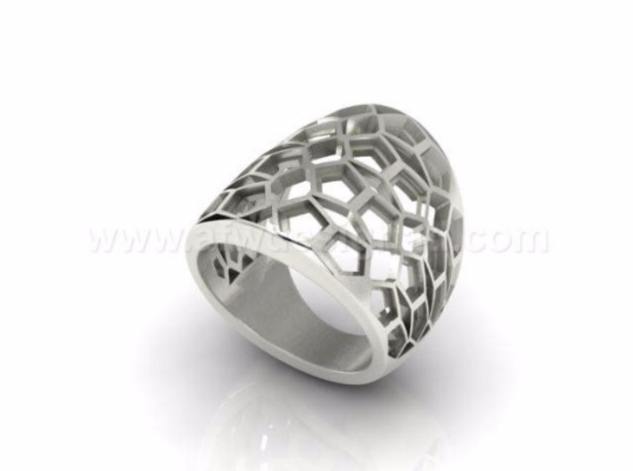 Domed Geometric Lattice Pattern Ring 3d printed White Gold