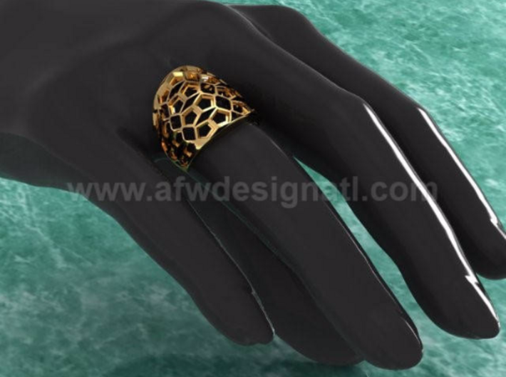 Domed Geometric Lattice Pattern Ring 3d printed Beautiful in Gold