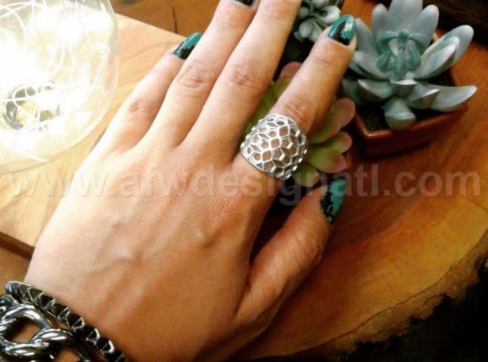 Domed Geometric Lattice Pattern Ring 3d printed Beautiful in Silver