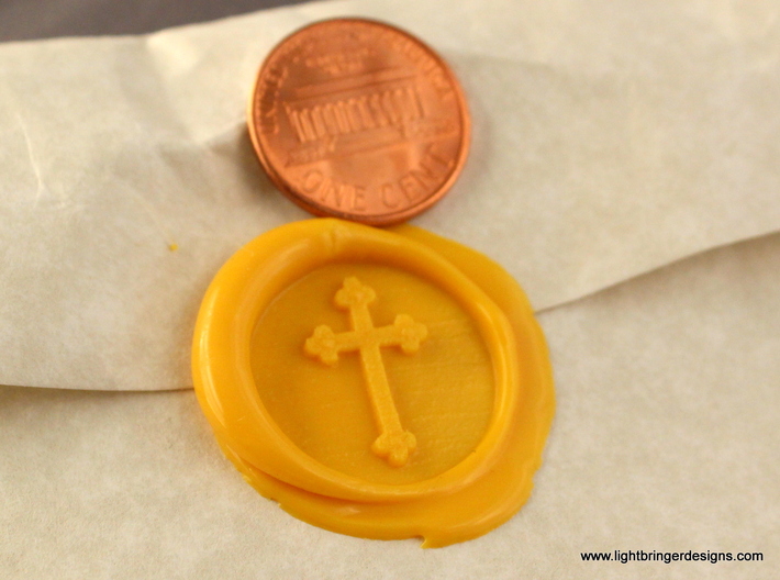 Cross Wax Seal 3d printed Just the wax impression in Sunflower Yellow.  Penny for scale.