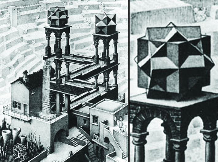 Tricube Cufflinks 3d printed "Waterfall" by M. C. Escher [Litograph - 1961]