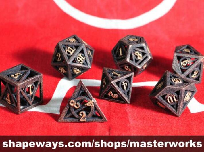 Deathly Hallows Dice Set 3d printed Black Strong &amp; Flexible with Copper &amp; Gold Rub'n'Buff