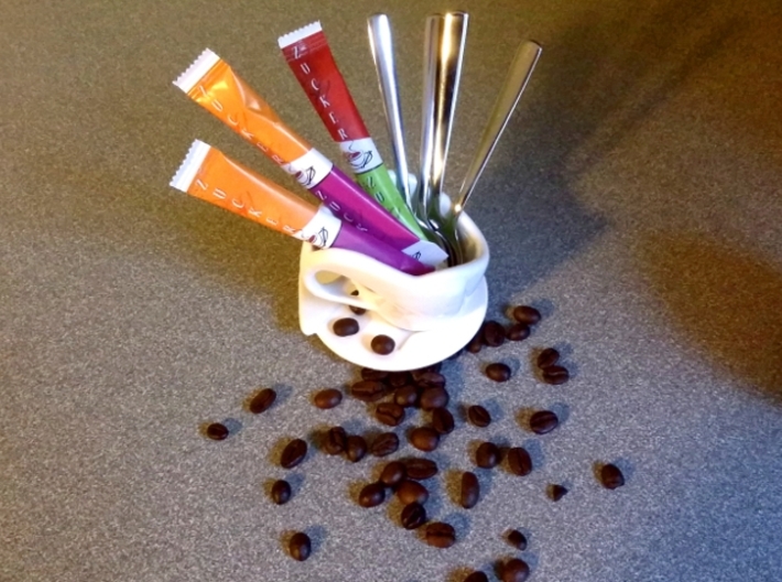 Espresso Spoon-Holder: &quot;Open Handle&quot; 3d printed Spoon-Holder on a Saucer (separately available) with sugar and spoons